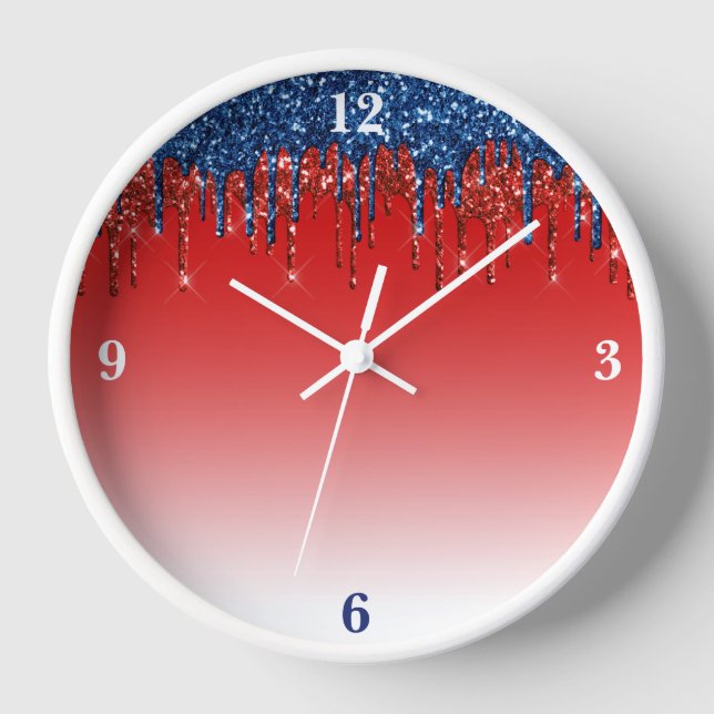 Modern Patriotic Glitter Drip  Clock (Front)