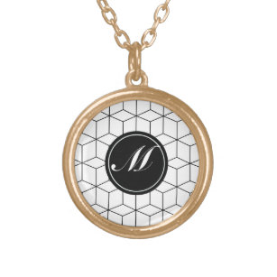 Modern Pattern and Monogram Gold Plated Necklace
