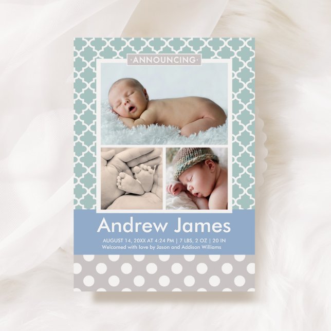 Modern Pattern Baby Boy Photo Green Grey Birth Announcement (Creator Uploaded)