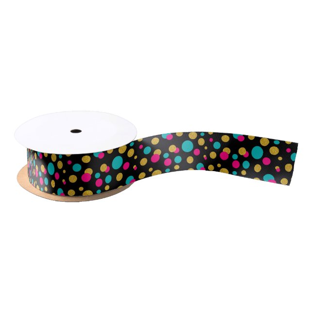 Modern Pattern Circles In Pink Blue & Gold Glitter Satin Ribbon (Spool)