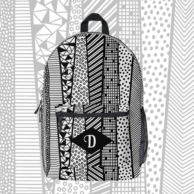 Modern pattern in black and white, Monogram  Printed Backpack (Creator Uploaded)