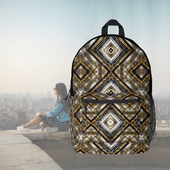 Modern pattern in silver, gold and black, monogram printed backpack (Creator Uploaded)