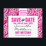 Modern Pattern Monogram Bat Mitzvah Save the Date Announcement Postcard<br><div class="desc">Modern styling with vibrant pink,  black and white featuring your initial at the top.  Just personalise with your details for a trendy and stylish announcement.</div>