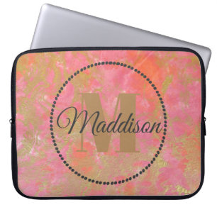 Modern Pattern Monogram Your Name Pink Marble Gold Laptop Sleeve