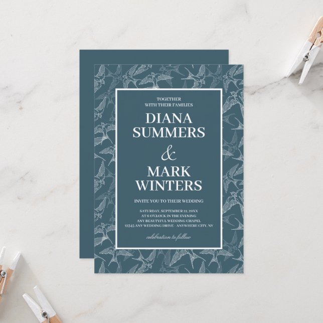 Modern pattern with swallows. Wedding Invitation (Front/Back In Situ)