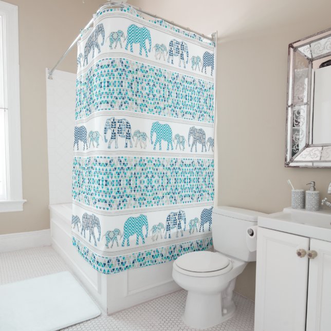 Modern Patterned Elephants Geometric Triangle Blue Shower Curtain (In Situ)