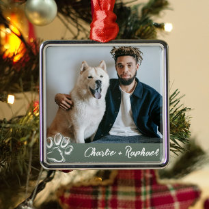 Modern Paw Print One Sided Dog Pet Photo Green Metal Ornament