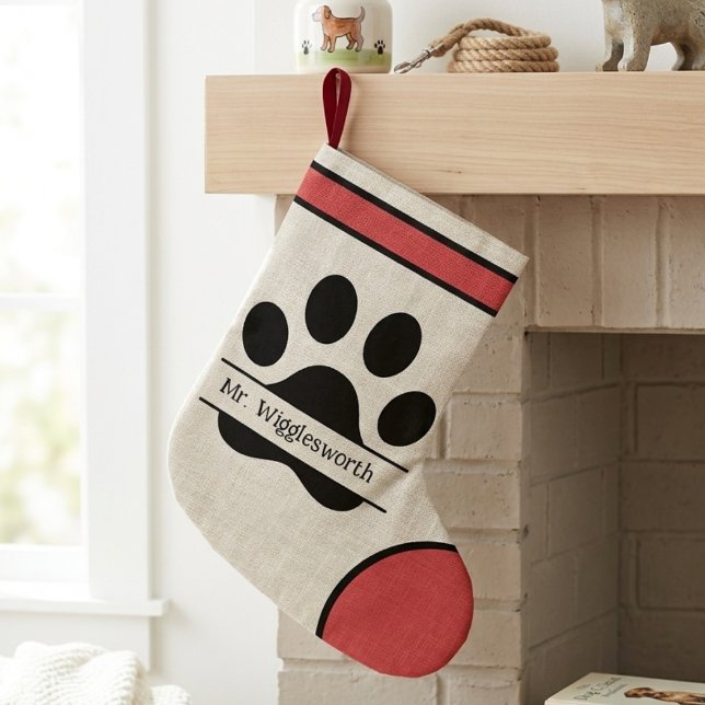 Modern Paw Print Red and Black Name Large Christmas Stocking (Modern paw print design for the pet lover — perfect Christmas gift idea for your dog or cat.)