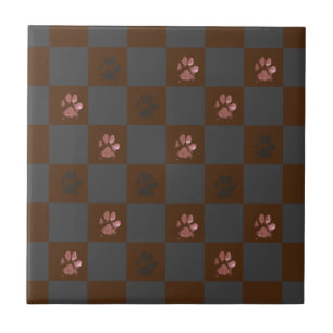 Modern Paw Prints Chequerboard Burgundy Grey    Ceramic Tile