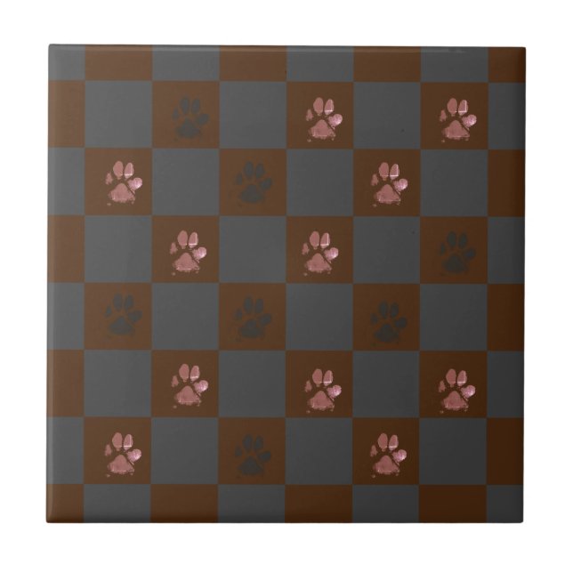 Modern Paw Prints Chequerboard Burgundy Grey |  Ceramic Tile (Front)