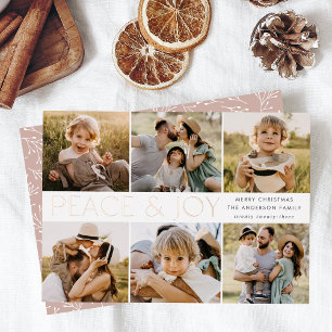 Modern Peace and Joy 6 Photo Rose Gold Foil Holiday Card