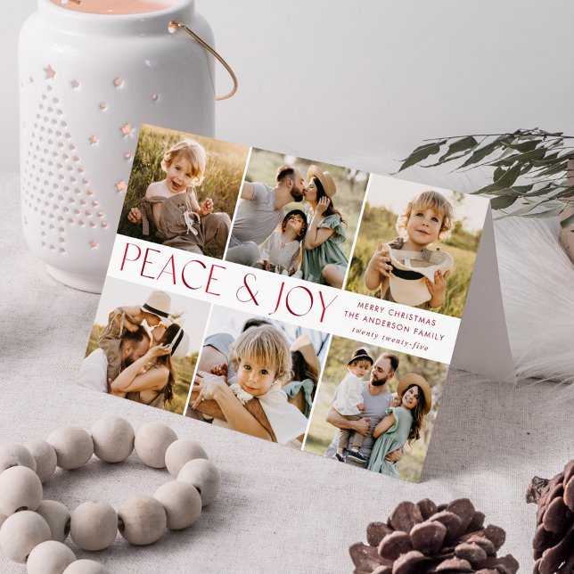 Modern Peace and Joy Red 7 Photo Collage Holiday Card (Creator Uploaded)