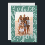 Modern Peace and Joy Stylish Christmas Mint Photo Holiday Card<br><div class="desc">Fun,  modern holiday cards,  featuring creatively placed text,  laurel branches,  and snow dots in shades of mint and green.  The text design reads,  "peace & joy."  The back of the card contains simple,  modern stripes in white and green.</div>