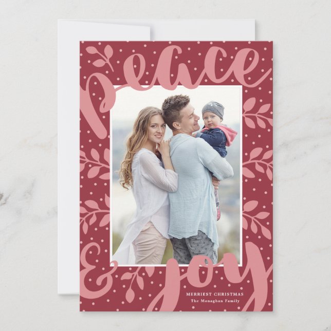 Modern Peace and Joy Stylish Christmas Red Photo Holiday Card (Front)