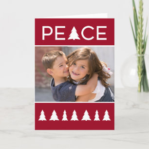 Modern Peace Burgundy White Trees with Your Photo Holiday Card