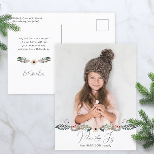 Modern Peace & Joy Christmas Botanical Photo Holiday Postcard
