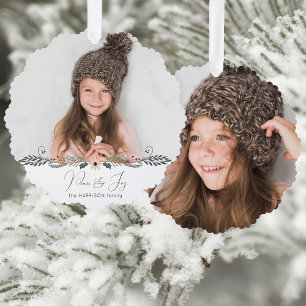 Modern Peace & Joy Christmas Botanical Photo Tree Decoration Card