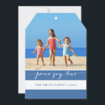 Modern Peace, Joy, Love Holiday Photo Card | Blue<br><div class="desc">Send out your 2014 holiday greetings to family and friends with this versatile, preppy, bold, modern holiday photo card with the words "Peace, Joy, Love" written in a white script font on bold striped pattern. Contemporary Design by ELKE CLARKE© FOR MONOGRAMGALLERY. Colourful blue and white striped background on back of...</div>