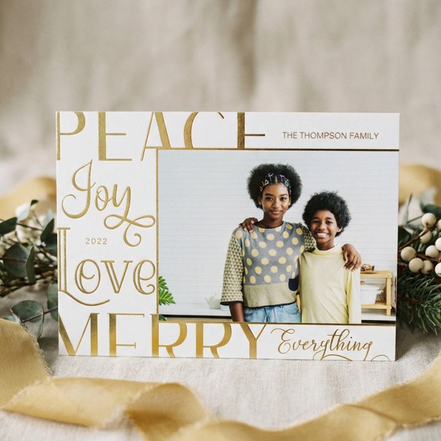 Modern Peace Joy Merry Everything Family Photo Foil Holiday Card (Modern Peace Joy Merry Everything Family Photo Foil Holiday Card)
