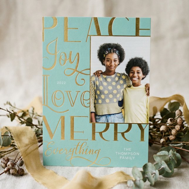 Modern Peace Joy Merry Everything Family Photo Foil Holiday Card (Modern Peace Joy Merry Everything Family Photo Foil Holiday Card)