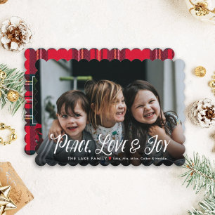 Modern Peace, Love Joy Red Plaid Christmas Photo   Holiday Card