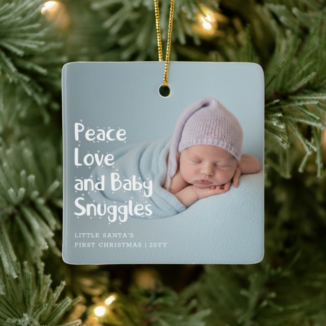 Modern Peace Love Newborn Baby's First Christmas Ceramic Ornament (Tree)