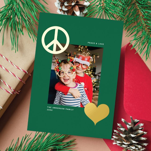 Modern Peace Love Symbols One Photo Green Gold Foil Holiday Card (Creator Uploaded)