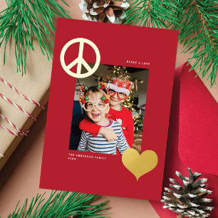 Modern Peace Love Symbols One Photo Red Gold Foil Holiday Card