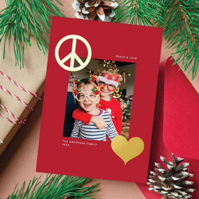 Modern Peace Love Symbols One Photo Red Gold Foil Holiday Card (Creator Uploaded)
