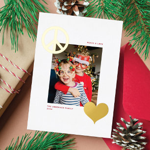 Modern Peace Love Symbols One Photo White Gold Foil Holiday Card