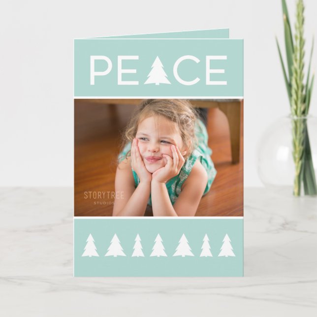 Modern Peace Mint Green White Trees Your Photo Holiday Card (Front)