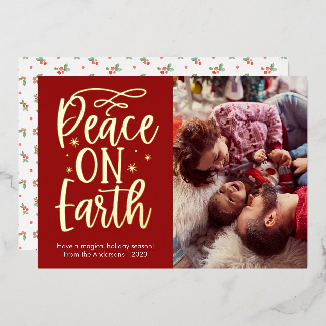 Modern Peace on Earth Photo Foil Holiday Card (Front/Back)