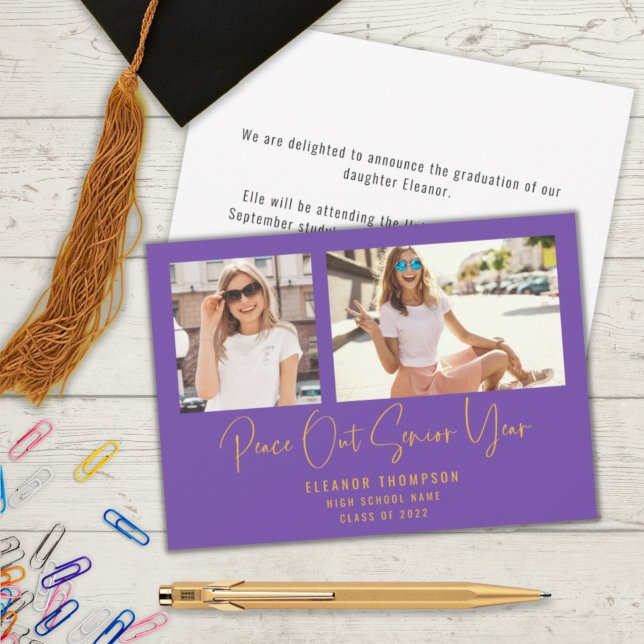 Modern Peace Out 2 Photo 2022 Graduation Purple Announcement (Creator Uploaded)