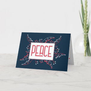 Modern PEACE red grey navy blue berries Christmas Holiday Card