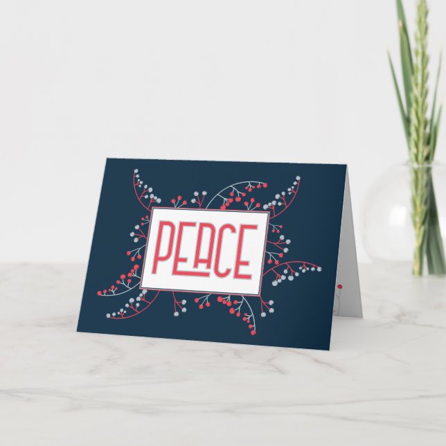Modern PEACE red grey navy blue berries Christmas Holiday Card (Front)