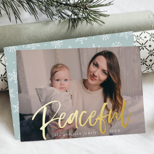 Modern Peaceful Script Ice Blue Photo Foil Holiday Card
