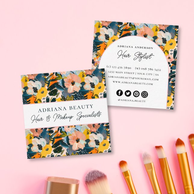 Modern Peach and Blue Abstract Floral Hair Stylist Square Business Card (Creator Uploaded)