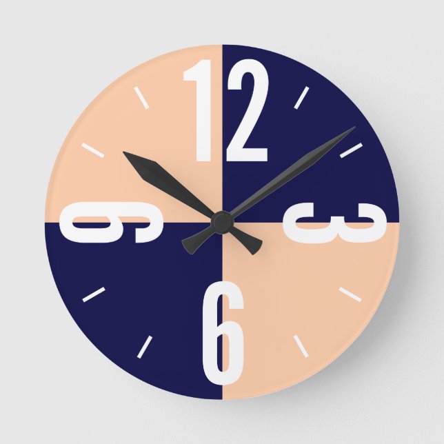 Modern peach and blue colour blocks large numbers round clock (Front)