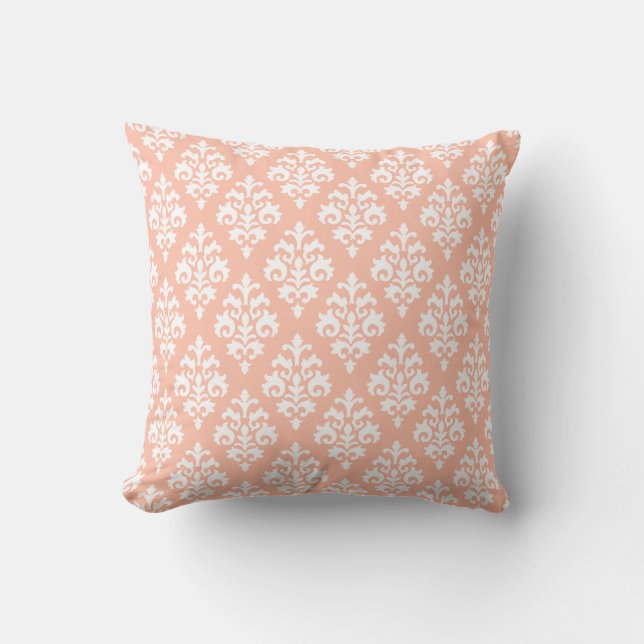 Modern Peach and White Damask Throw Pillow (Front)