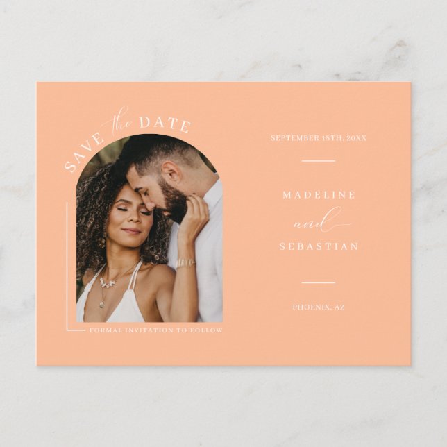 Modern Peach Arch Photo QR Code Save the Date P Postcard (Front)