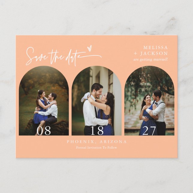 Modern Peach Arch Photo QR Code Save the Date Postcard (Front)