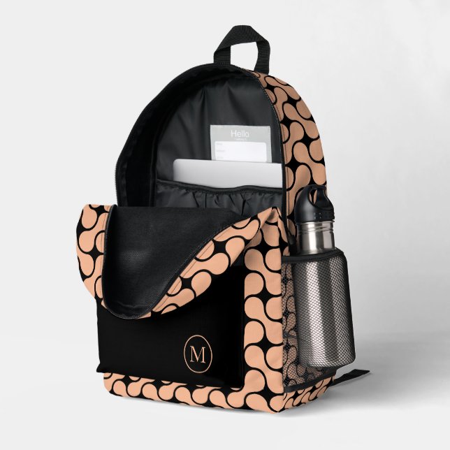 Modern Peach Black Monogram Geometric Printed Backpack (Back Corner Right (Open))