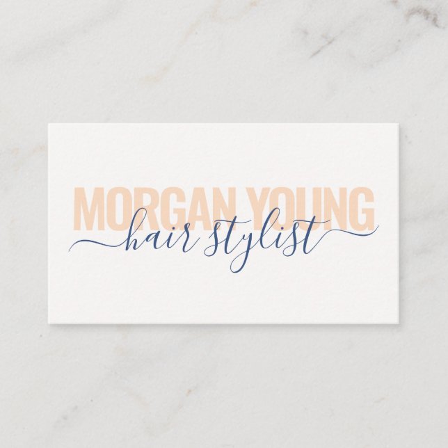 Modern peach blue hair stylist script signature business card (Front)