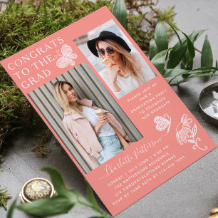 Modern Peach Butterfly Photo Graduation Party Invitation