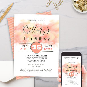 Modern Peach Coral 16th Any Birthday Invitation
