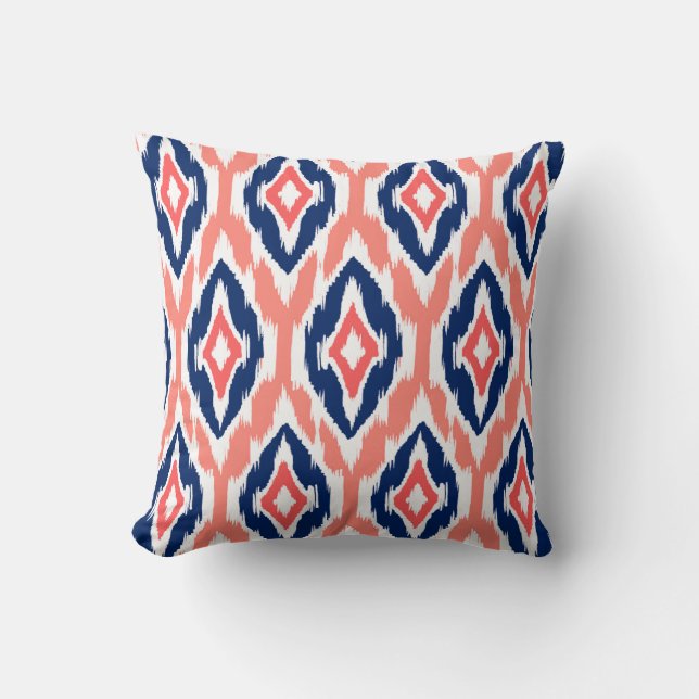 Modern peach coral navy Ikat Tribal Pattern 1a Cushion (Front)