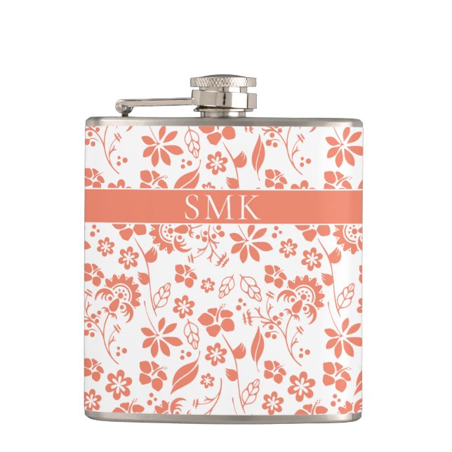 Modern Peach Coral Tropical Flowers Monogram Hip Flask (Front)