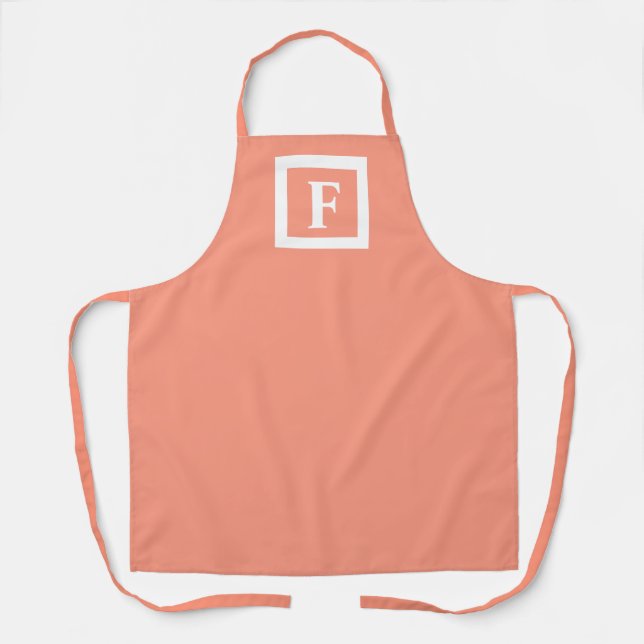 Modern Peach Coral White Bold Monogram Kitchen Apron (Front)