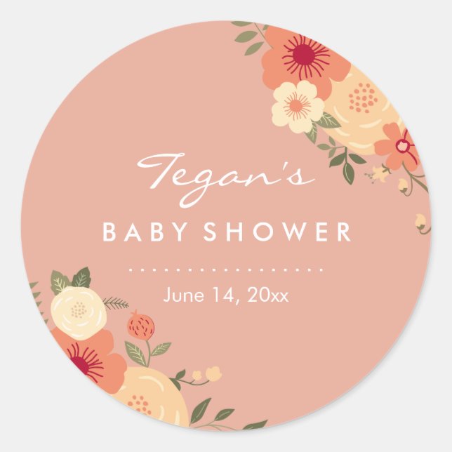 Modern Peach Floral Baby Shower Stickers (Front)