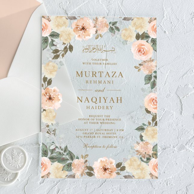 Modern Peach Floral Islamic Muslim Wedding Acrylic Invitations (Creator Uploaded)